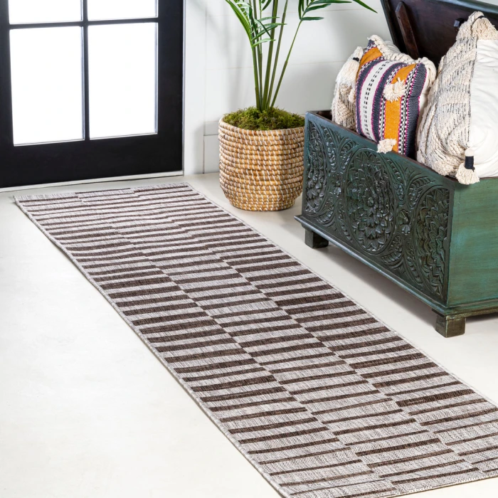 Sukie Modern Offset Stripe Beige/Brown 2 ft. x 8 ft. Indoor/Outdoor Runner Rug