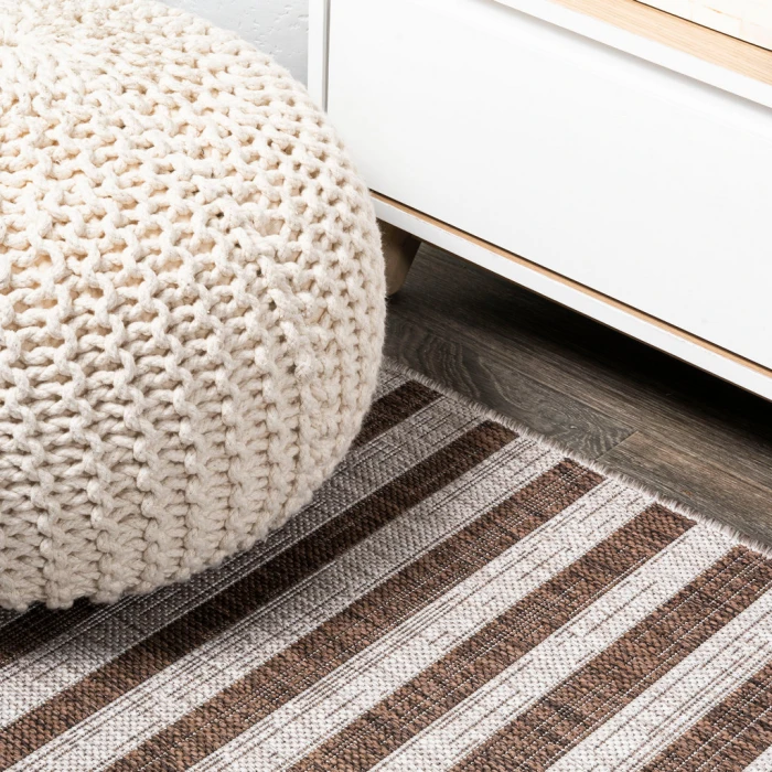 Sukie Modern Offset Stripe Beige/Brown 2 ft. x 8 ft. Indoor/Outdoor Runner Rug