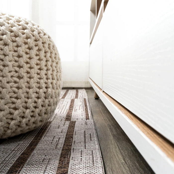 Sukie Modern Offset Stripe Beige/Brown 2 ft. x 8 ft. Indoor/Outdoor Runner Rug