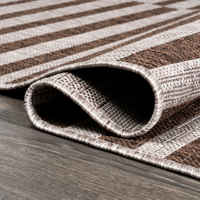 Sukie Modern Offset Stripe Beige/Brown 2 ft. x 8 ft. Indoor/Outdoor Runner Rug