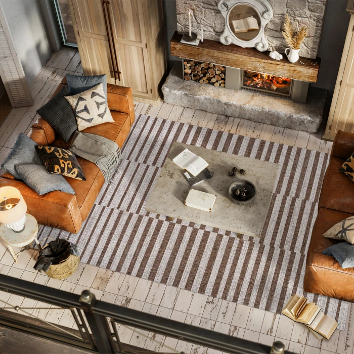 Sukie Modern Offset Stripe Beige/Brown 3 ft. x 5 ft. Indoor/Outdoor Area Rug