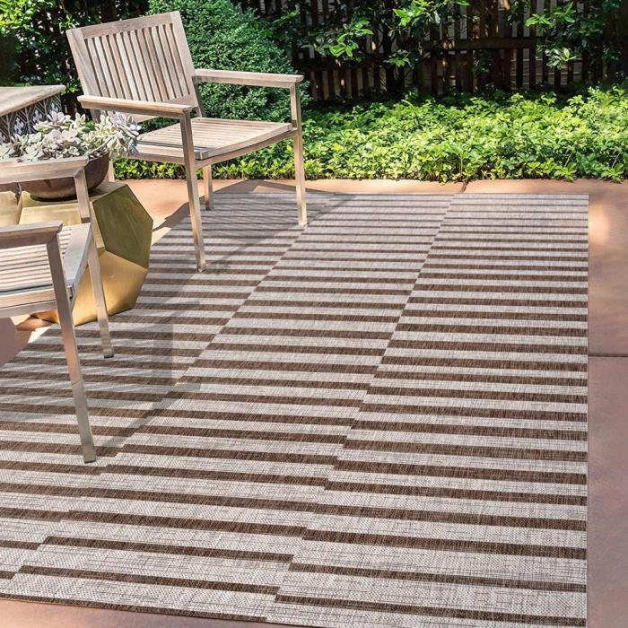 Sukie Modern Offset Stripe Beige/Brown 3 ft. x 5 ft. Indoor/Outdoor Area Rug