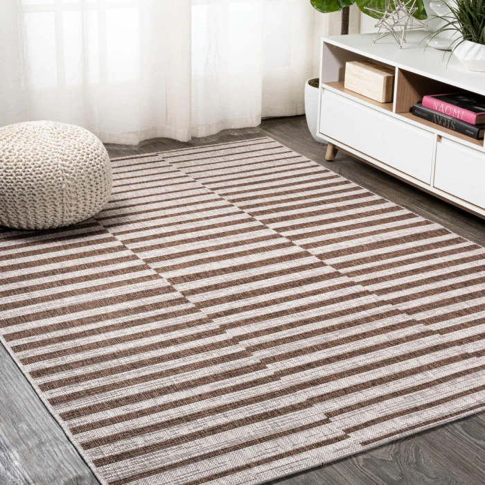 Sukie Modern Offset Stripe Beige/Brown 3 ft. x 5 ft. Indoor/Outdoor Area Rug
