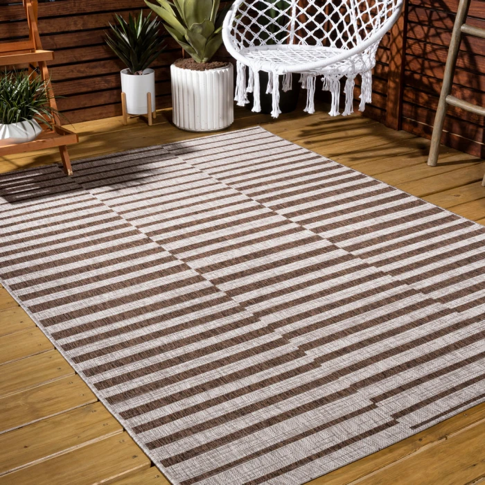 Sukie Modern Offset Stripe Beige/Brown 3 ft. x 5 ft. Indoor/Outdoor Area Rug