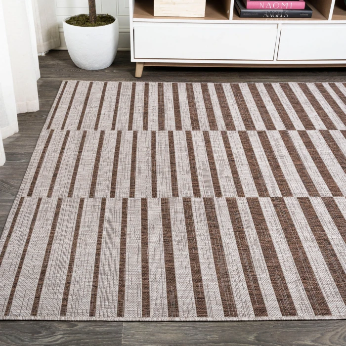 Sukie Modern Offset Stripe Beige/Brown 3 ft. x 5 ft. Indoor/Outdoor Area Rug