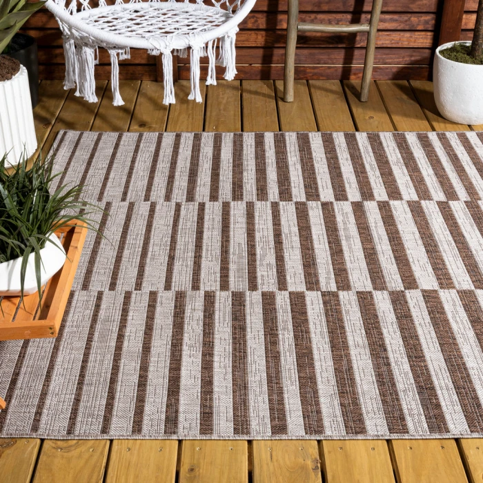 Sukie Modern Offset Stripe Beige/Brown 3 ft. x 5 ft. Indoor/Outdoor Area Rug