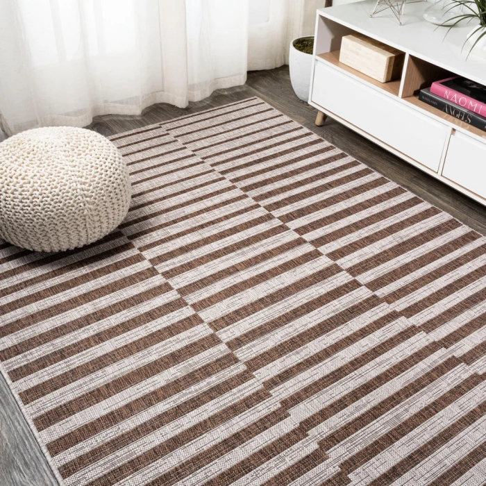 Sukie Modern Offset Stripe Beige/Brown 3 ft. x 5 ft. Indoor/Outdoor Area Rug