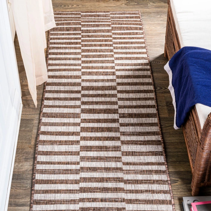 Sukie Modern Offset Stripe Brown/Beige 2 ft. x 8 ft. Indoor/Outdoor Runner Rug