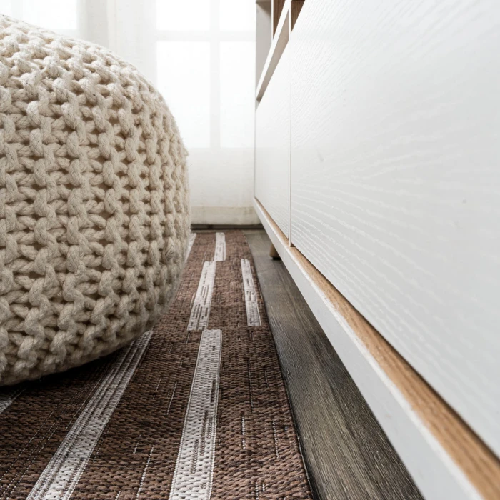 Sukie Modern Offset Stripe Brown/Beige 2 ft. x 8 ft. Indoor/Outdoor Runner Rug