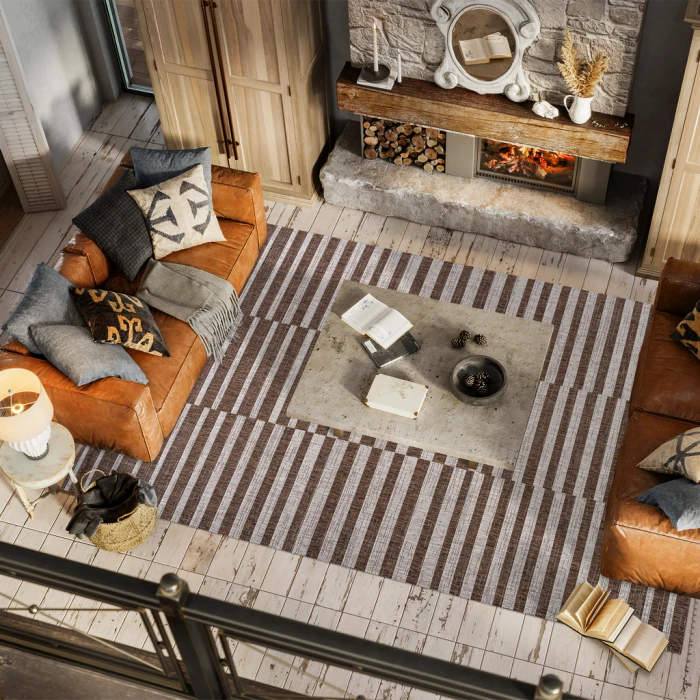 Sukie Modern Offset Stripe Brown/Beige 3 ft. x 5 ft. Indoor/Outdoor Area Rug