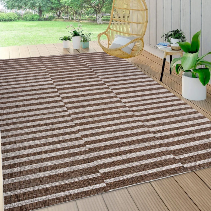 Sukie Modern Offset Stripe Brown/Beige 3 ft. x 5 ft. Indoor/Outdoor Area Rug