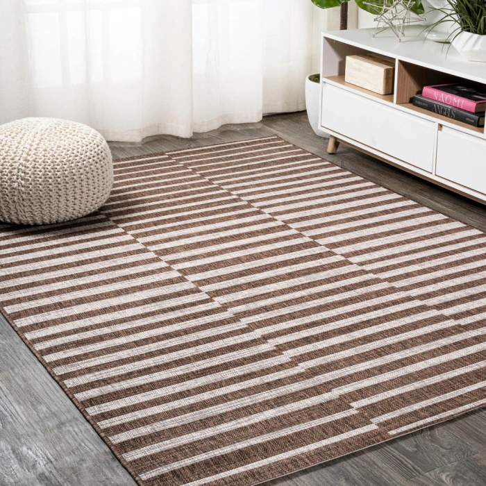 Sukie Modern Offset Stripe Brown/Beige 3 ft. x 5 ft. Indoor/Outdoor Area Rug
