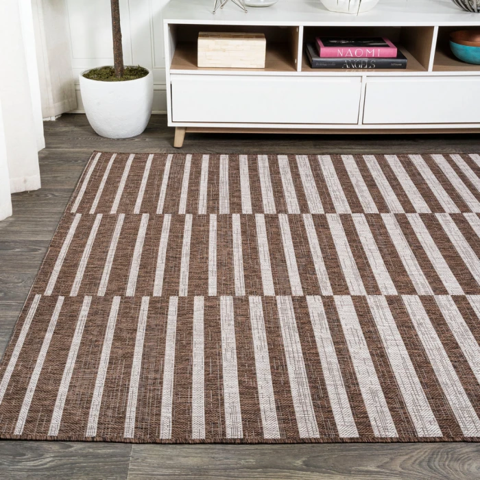 Sukie Modern Offset Stripe Brown/Beige 3 ft. x 5 ft. Indoor/Outdoor Area Rug