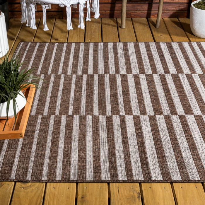 Sukie Modern Offset Stripe Brown/Beige 3 ft. x 5 ft. Indoor/Outdoor Area Rug