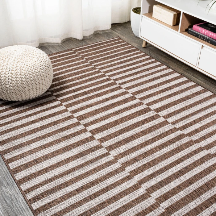 Sukie Modern Offset Stripe Brown/Beige 3 ft. x 5 ft. Indoor/Outdoor Area Rug