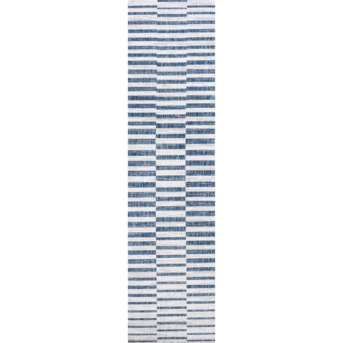 Sukie Modern Offset Stripe Ivory/Blue 2 ft. x 8 ft. Indoor/Outdoor Runner Rug