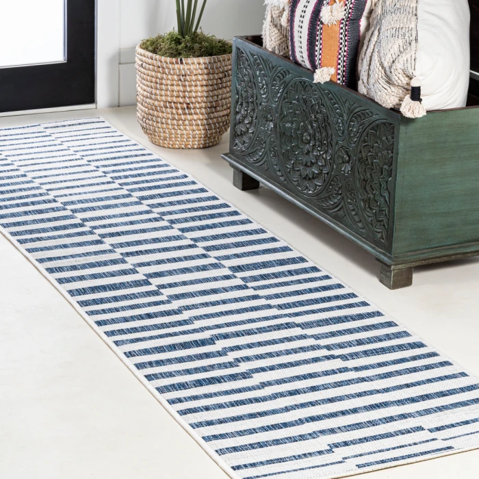 Sukie Modern Offset Stripe Ivory/Blue 2 ft. x 8 ft. Indoor/Outdoor Runner Rug