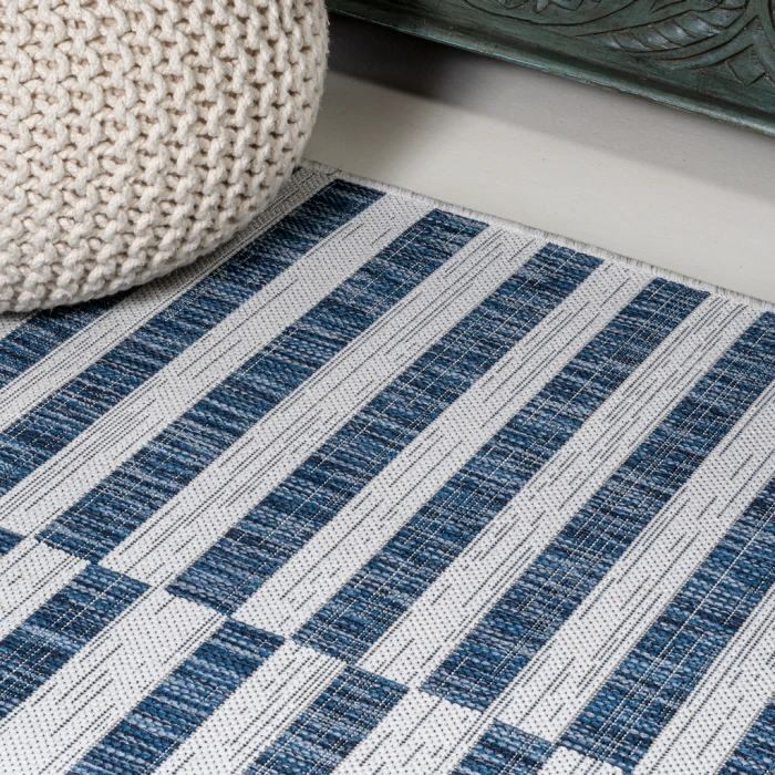 Sukie Modern Offset Stripe Ivory/Blue 2 ft. x 8 ft. Indoor/Outdoor Runner Rug