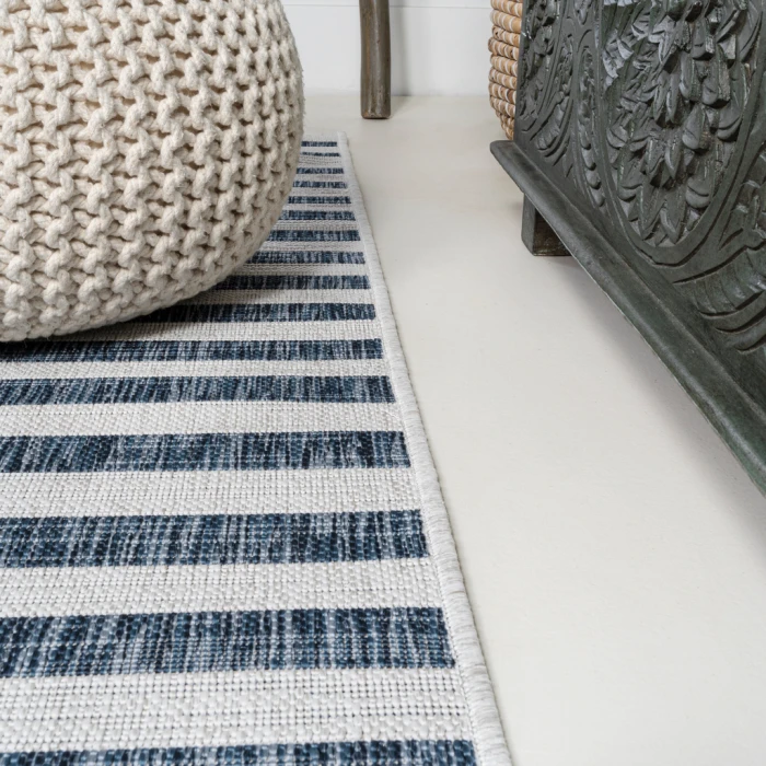 Sukie Modern Offset Stripe Ivory/Blue 2 ft. x 8 ft. Indoor/Outdoor Runner Rug