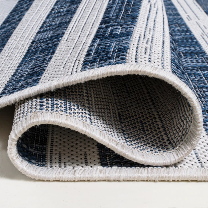 Sukie Modern Offset Stripe Ivory/Blue 2 ft. x 8 ft. Indoor/Outdoor Runner Rug