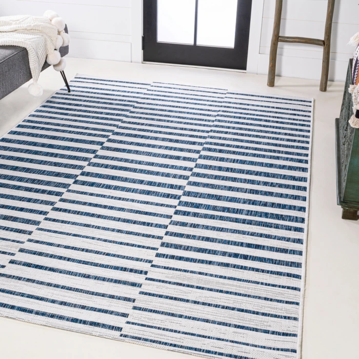Sukie Modern Offset Stripe Ivory/Blue 3 ft. x 5 ft. Indoor/Outdoor Area Rug