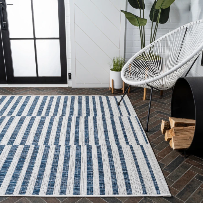 Sukie Modern Offset Stripe Ivory/Blue 3 ft. x 5 ft. Indoor/Outdoor Area Rug