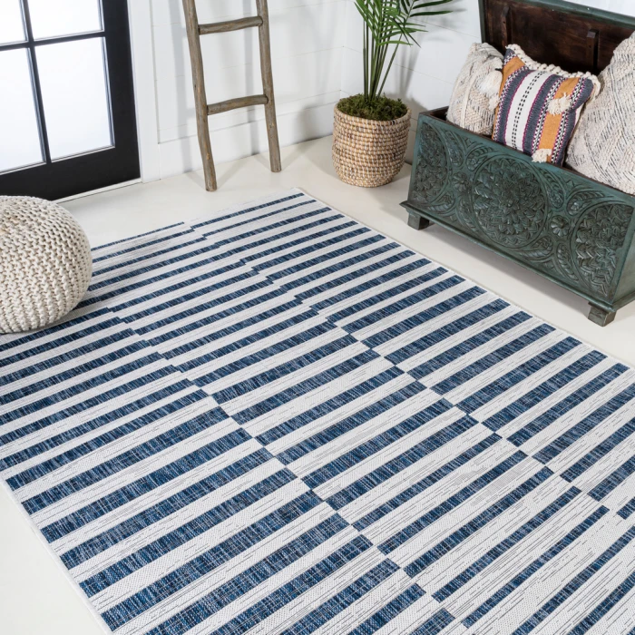 Sukie Modern Offset Stripe Ivory/Blue 3 ft. x 5 ft. Indoor/Outdoor Area Rug