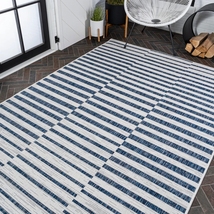 Sukie Modern Offset Stripe Ivory/Blue 3 ft. x 5 ft. Indoor/Outdoor Area Rug