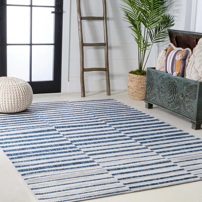 Sukie Modern Offset Stripe Ivory/Blue 3 ft. x 5 ft. Indoor/Outdoor Area Rug