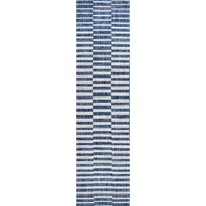 Sukie Modern Offset Stripe Blue/Ivory 2 ft. x 8 ft. Indoor/Outdoor Runner Rug