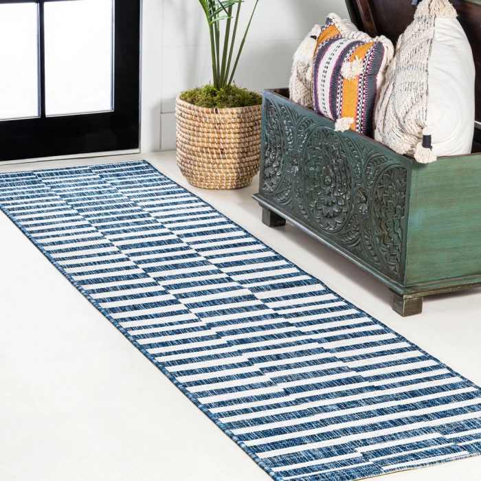 Sukie Modern Offset Stripe Blue/Ivory 2 ft. x 8 ft. Indoor/Outdoor Runner Rug