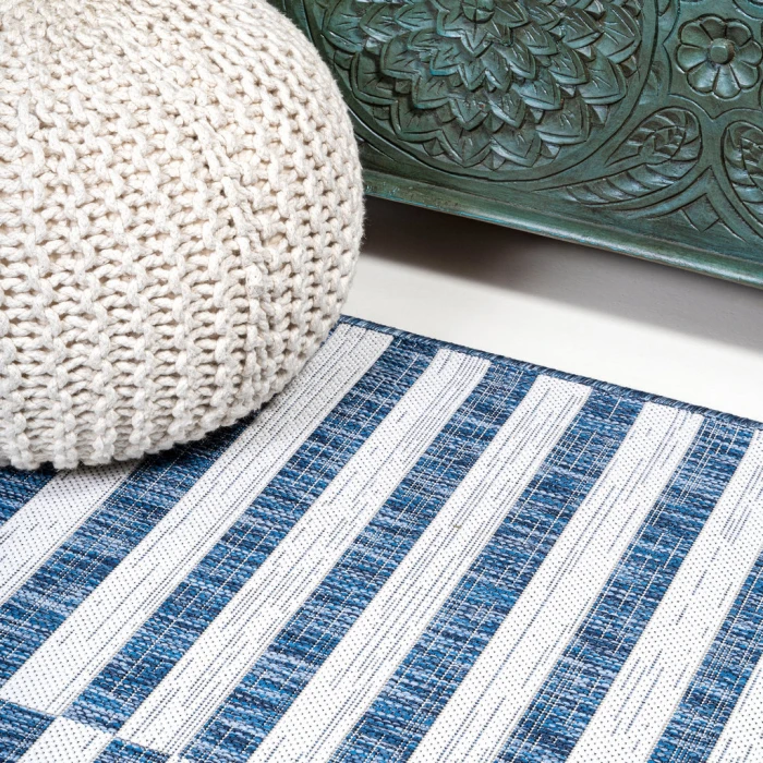 Sukie Modern Offset Stripe Blue/Ivory 2 ft. x 8 ft. Indoor/Outdoor Runner Rug
