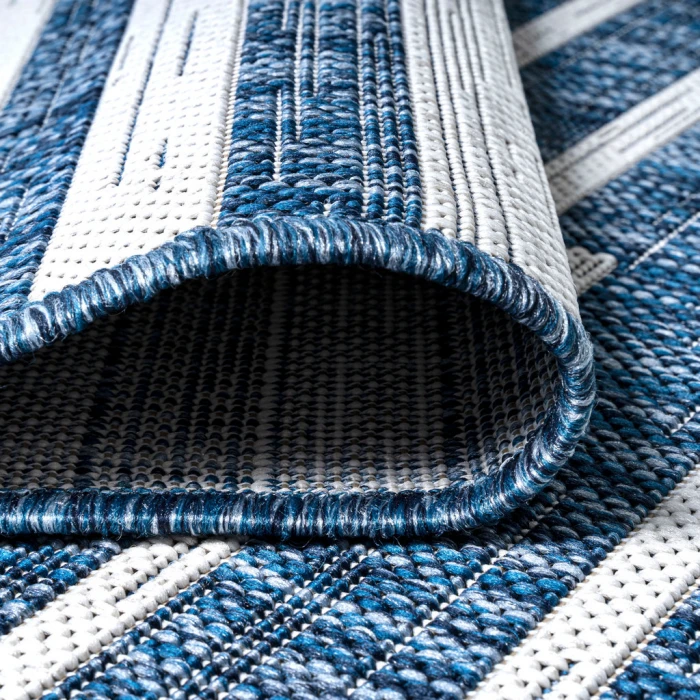 Sukie Modern Offset Stripe Blue/Ivory 2 ft. x 8 ft. Indoor/Outdoor Runner Rug