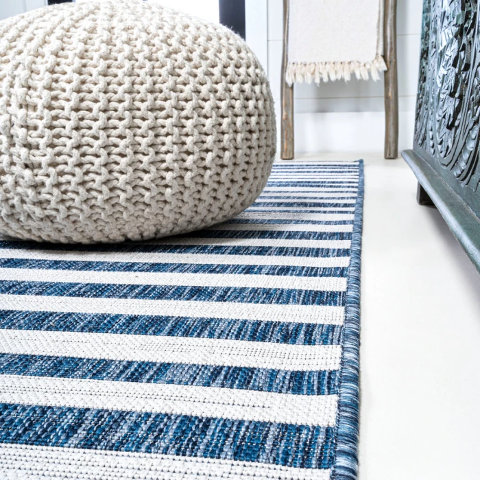 Sukie Modern Offset Stripe Blue/Ivory 2 ft. x 8 ft. Indoor/Outdoor Runner Rug