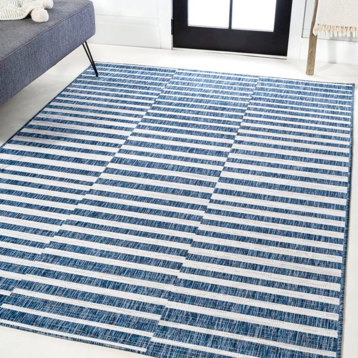 Sukie Modern Offset Stripe Blue/Ivory 3 ft. x 5 ft. Indoor/Outdoor Area Rug
