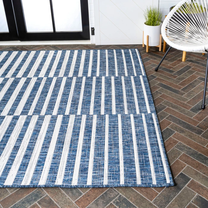 Sukie Modern Offset Stripe Blue/Ivory 3 ft. x 5 ft. Indoor/Outdoor Area Rug