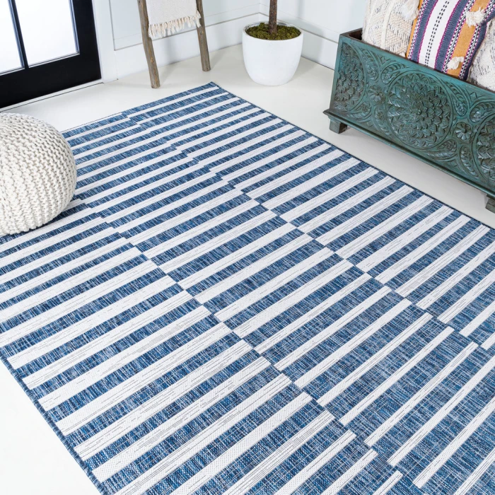 Sukie Modern Offset Stripe Blue/Ivory 3 ft. x 5 ft. Indoor/Outdoor Area Rug
