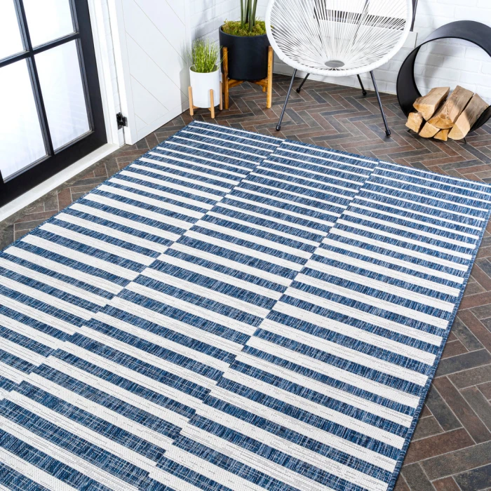 Sukie Modern Offset Stripe Blue/Ivory 3 ft. x 5 ft. Indoor/Outdoor Area Rug