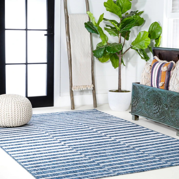 Sukie Modern Offset Stripe Blue/Ivory 3 ft. x 5 ft. Indoor/Outdoor Area Rug