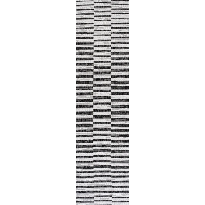 Sukie Modern Offset Stripe Ivory/Black 2 ft. x 8 ft. Indoor/Outdoor Runner Rug