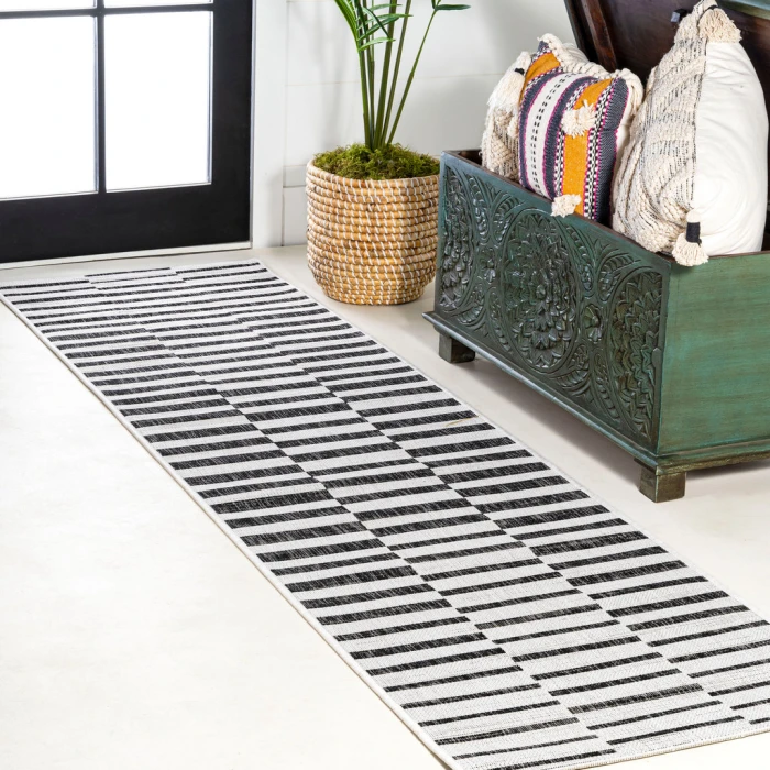 Sukie Modern Offset Stripe Ivory/Black 2 ft. x 8 ft. Indoor/Outdoor Runner Rug