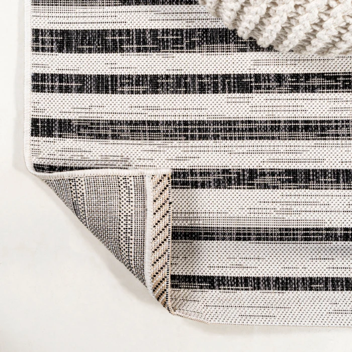 Sukie Modern Offset Stripe Ivory/Black 2 ft. x 8 ft. Indoor/Outdoor Runner Rug