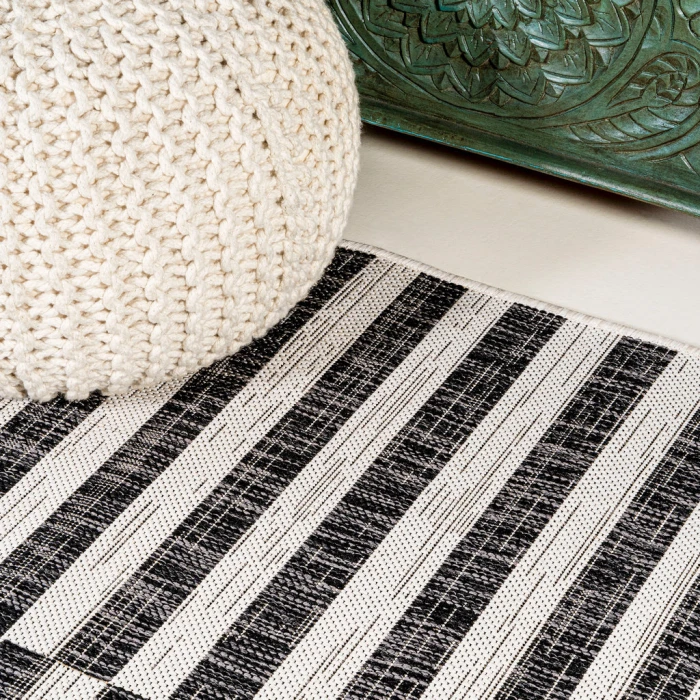 Sukie Modern Offset Stripe Ivory/Black 2 ft. x 8 ft. Indoor/Outdoor Runner Rug