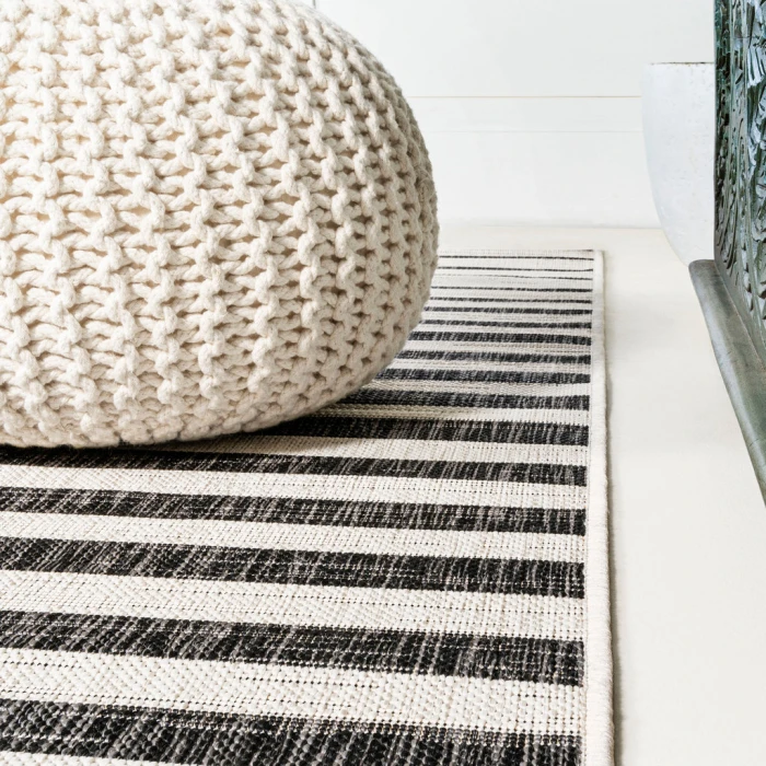 Sukie Modern Offset Stripe Ivory/Black 2 ft. x 8 ft. Indoor/Outdoor Runner Rug