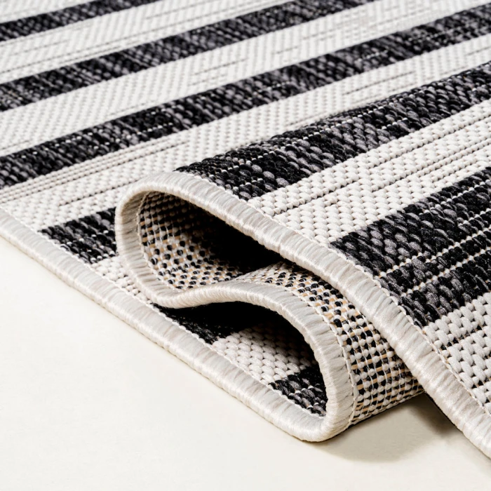 Sukie Modern Offset Stripe Ivory/Black 2 ft. x 8 ft. Indoor/Outdoor Runner Rug