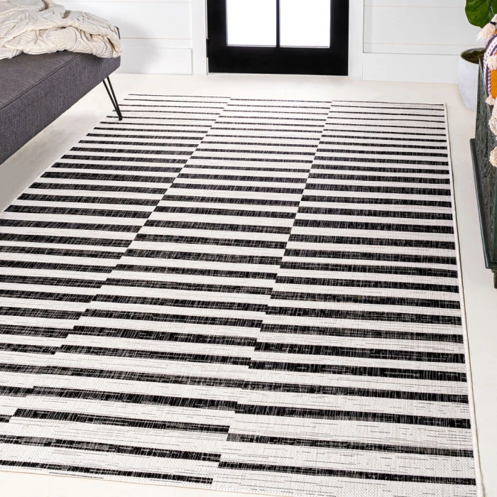 Sukie Modern Offset Stripe Ivory/Black 3 ft. x 5 ft. Indoor/Outdoor Area Rug