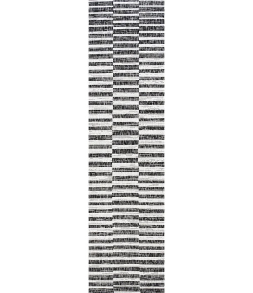 Sukie Modern Offset Stripe Black/Ivory 2 ft. x 10 ft. Indoor/Outdoor Runner Rug