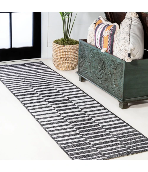Sukie Modern Offset Stripe Black/Ivory 2 ft. x 10 ft. Indoor/Outdoor Runner Rug