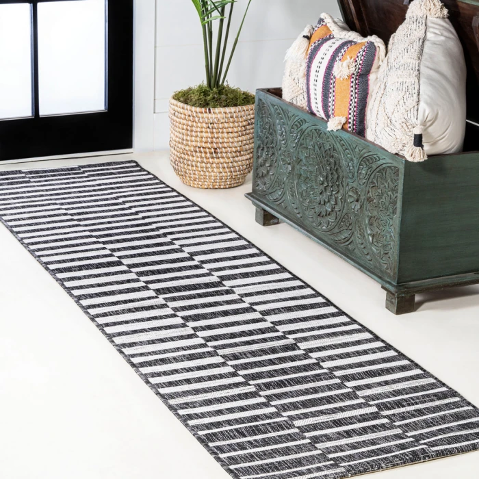 Sukie Modern Offset Stripe Black/Ivory 2 ft. x 10 ft. Indoor/Outdoor Runner Rug