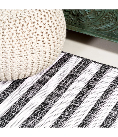 Sukie Modern Offset Stripe Black/Ivory 2 ft. x 10 ft. Indoor/Outdoor Runner Rug